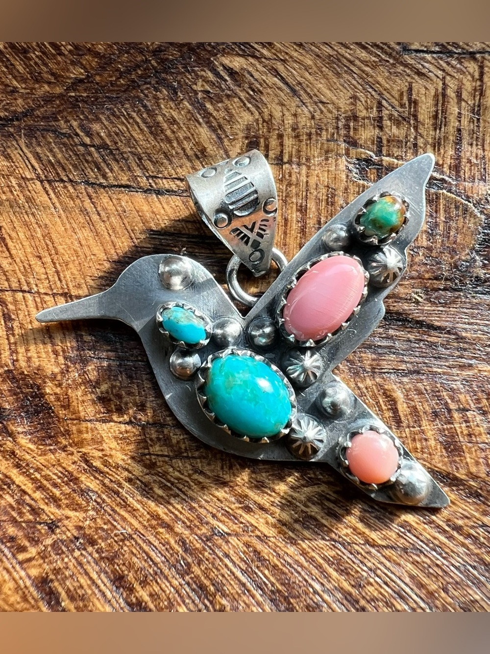 Sterling Silver Kingman Turquoise & Queen Conch Hummingbird Pendant